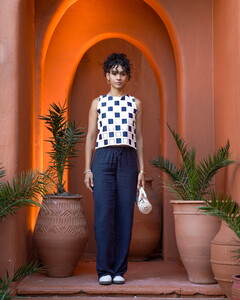 Topshow Raw Navy Blue Sleeveless Checkerboard Pattern Crochet Blouse #4