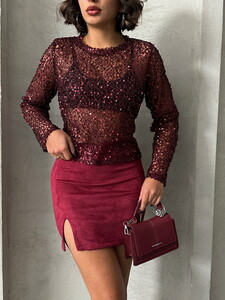 Topshow Burgundy Sequin Lace Wholesale Blouse #4