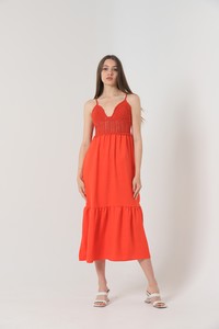 Topshow Orange Linen Strap V-neck Wholesale Dress #2