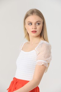 Topshow Cream Boat Neck Sleeves Tulle Wholesale Blouse #2