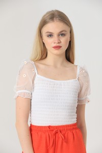 Topshow Cream Boat Neck Sleeves Tulle Wholesale Blouse #4