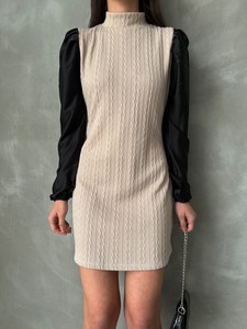 Topshow Stone Sleeves Leather Turtleneck Above Knee Wholesale Dress #4