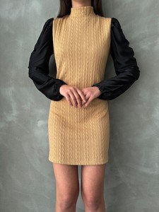 Topshow Camel Sleeves Leather Turtleneck Above Knee Wholesale Dress #2