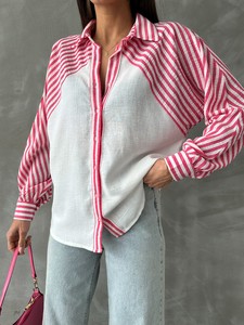 Topshow Fuchsia Striped Linen Wholesale Shirts #4