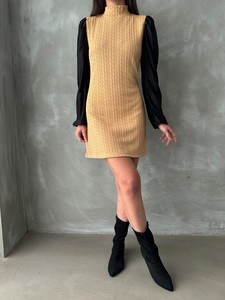 Topshow Camel Sleeves Leather Turtleneck Above Knee Wholesale Dress #4