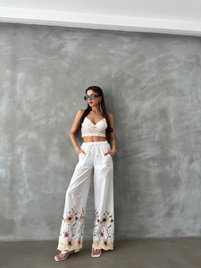 Topshow Cream Yellow Embroidered Wholesale Trousers #2