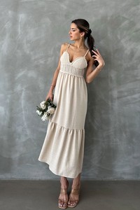 Topshow Raw Linen Linen Strap V Neck Halter Dress #2