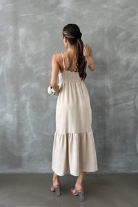 Topshow Raw Linen Linen Strap V Neck Halter Dress #5