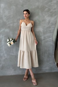 Topshow Raw Linen Linen Strap V Neck Halter Dress #3