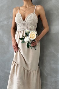 Topshow Raw Linen Linen Strap V Neck Halter Dress #4