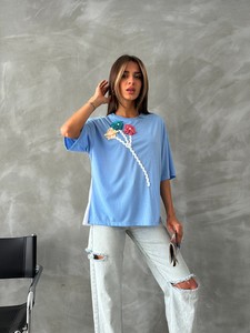 Topshow Mavi Krem  Çiçek Detaylı T-Shirt #3