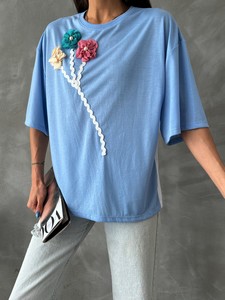 Topshow Mavi Krem  Çiçek Detaylı T-Shirt #4