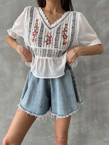 Topshow Cream Gray Embroidered Wholesale Blouse #4