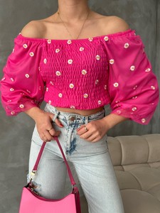 Topshow Fuchsia Gipeli Daisy Patterned Wholesale Blouse #3