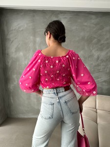 Topshow Fuchsia Gipeli Daisy Patterned Wholesale Blouse #5