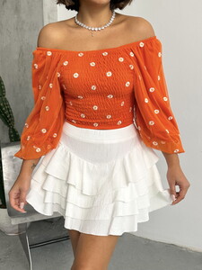 Topshow Orange Glitter Daisy Patterned Wholesale Blouse #3