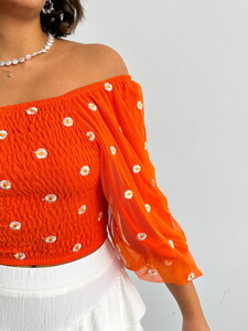 Topshow Orange Glitter Daisy Patterned Wholesale Blouse #4