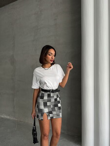 Topshow Grey Black Plaid Knee-Length Skirt #3