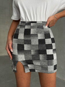 Topshow Grey Black Plaid Knee-Length Skirt #4