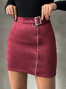 Topshow Burgundy Suede Zippered Wholesale Skirt #4