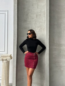 Topshow Burgundy Suede Zippered Wholesale Skirt #2