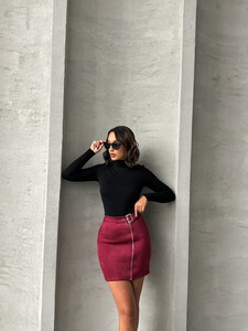 Topshow Burgundy Suede Zippered Wholesale Skirt #3