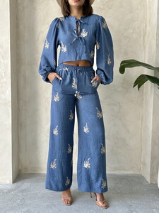 Topshow Embroidered Detailed Wholesale Linen Pants - Blue #4