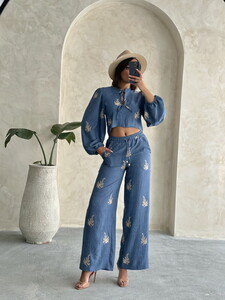 Topshow Embroidered Detailed Wholesale Linen Pants - Blue #2