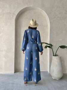 Topshow Embroidered Detailed Wholesale Linen Pants - Blue #5