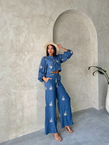 Topshow Embroidered Detailed Wholesale Linen Pants - Blue #3