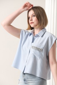 Topshow Blue Chest Tassel Striped Wholesale Shirt #3