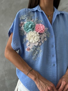 Topshow Blue Floral Detailed Wholesale Shirt #4