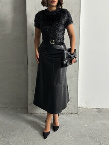 Topshow Black Snakeskin Leather Belted Wholesale Skirt #4