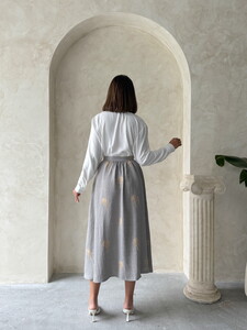 Long Linen Skirt with Embroidery Detail - Gray | Topshow #5