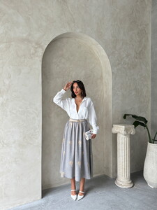 Long Linen Skirt with Embroidery Detail - Gray | Topshow #2