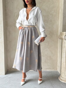 Long Linen Skirt with Embroidery Detail - Gray | Topshow #4