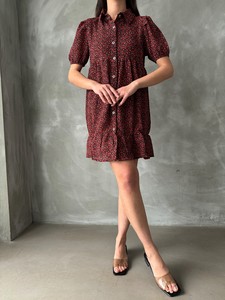 Topshow Red Floral Shoulder Pleated Wholesale Buttoned Dress #3