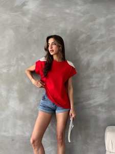 Topshow Kırmızı Omuzu Dantelli T-Shirt #3