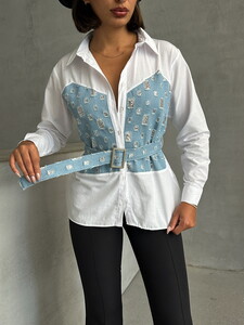 Topshow Blue Dsn2 Sequined Denim Detailed Belted Shirt #4