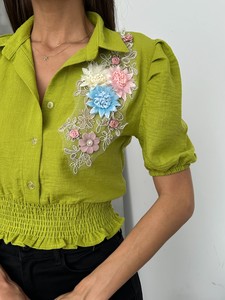 Topshow Pistachio Breast Floral Linen Wholesale Shirt #4