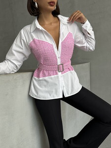 Topshow Pink Dsn1 Sequined Denim Detailed Belted Shirt #4