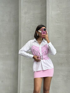 Topshow Pink Dsn2 Sequined Denim Detailed Belted Shirt #3