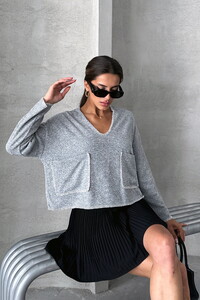 Topshow Gray Shepherd Stitched Knitwear Blouse #1