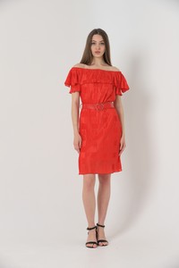 Topshow Red Boat Neck Pleated Belted Wholesale Dress #2