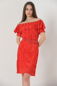 Topshow Red Boat Neck Pleated Belted Wholesale Dress #5