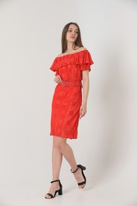 Topshow Red Boat Neck Pleated Belted Wholesale Dress #4