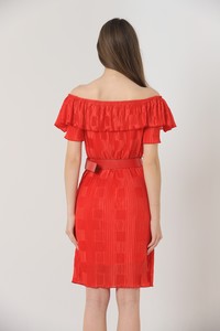 Topshow Red Boat Neck Pleated Belted Wholesale Dress #3