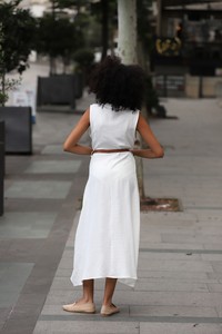 Topshow Cream Belted Linen Wholesale Dress #5