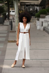 Topshow Cream Belted Linen Wholesale Dress #2