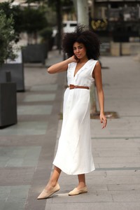 Topshow Cream Belted Linen Wholesale Dress #3